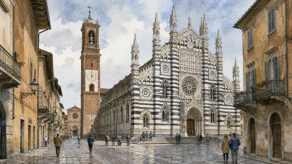 Original documentary watercolour of Monza Cathedral and the Iron Crown: royal and civic memory in Lake Como, Lecco, Monza and Brianza · Lombardy, showing accurate architecture, landscape, people and present-day use