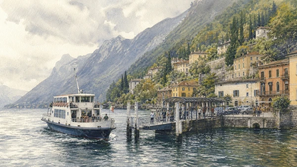 Original documentary watercolour of Lake navigation: public transport across difficult terrain in Lake Como, Lecco, Monza and Brianza · Lombardy, showing accurate architecture, landscape, people and present-day use