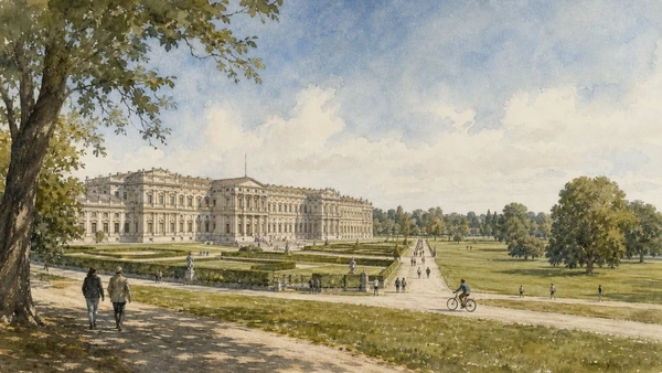 Original documentary watercolour of Royal Villa and Monza Park: court estate, public landscape and modern uses in Lake Como, Lecco, Monza and Brianza · Lombardy, showing accurate architecture, landscape, people and present-day use