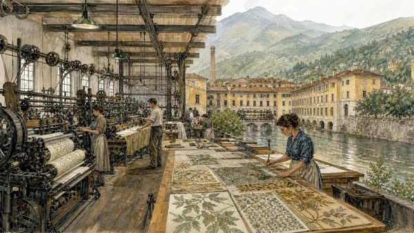 Original documentary watercolour of Como silk: design, machinery and global production in Lake Como, Lecco, Monza and Brianza · Lombardy, showing accurate architecture, landscape, people and present-day use