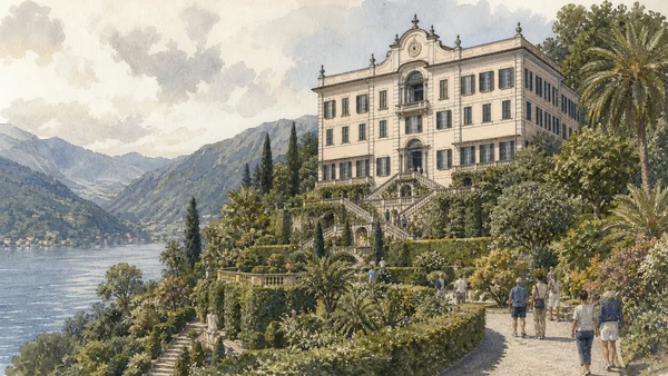 Original documentary watercolour of Villa Carlotta: collection and botanical garden at Tremezzina in Lake Como, Lecco, Monza and Brianza · Lombardy, showing accurate architecture, landscape, people and present-day use