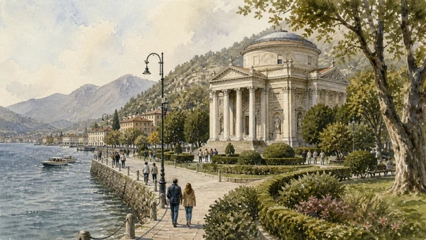 Original documentary watercolour of Alessandro Volta and the civic lakefront in Lake Como, Lecco, Monza and Brianza · Lombardy, showing accurate architecture, landscape, people and present-day use