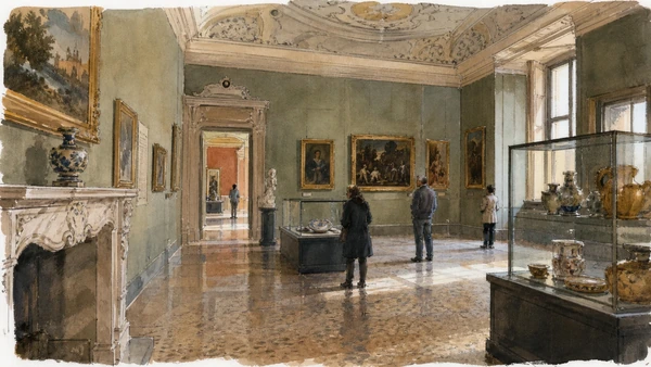 Original documentary watercolour of Museo Civico Ala Ponzone: civic art and local collecting in Cremona and the Lower Po · Lombardy, showing accurate architecture, landscape, people and present-day use