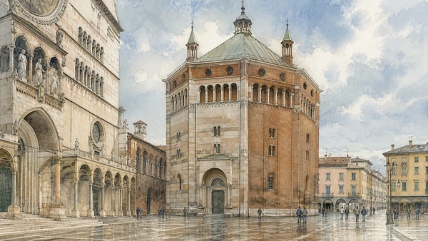 Original documentary watercolour of Baptistery: octagonal geometry beside the cathedral in Cremona and the Lower Po · Lombardy, showing accurate architecture, landscape, people and present-day use