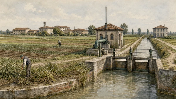 Original documentary watercolour of Canals and drainage: engineered agriculture in Cremona and the Lower Po · Lombardy, showing accurate architecture, landscape, people and present-day use