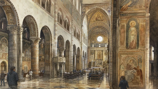 Original documentary watercolour of Cremona Cathedral: Romanesque structure and painted interior in Cremona and the Lower Po · Lombardy, showing accurate architecture, landscape, people and present-day use