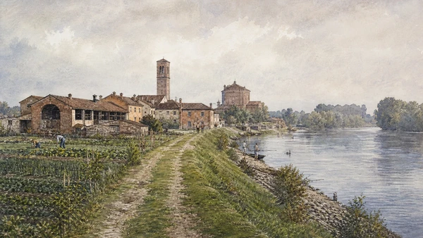 Original documentary watercolour of Lower Po settlements: work, food and river memory in Cremona and the Lower Po · Lombardy, showing accurate architecture, landscape, people and present-day use