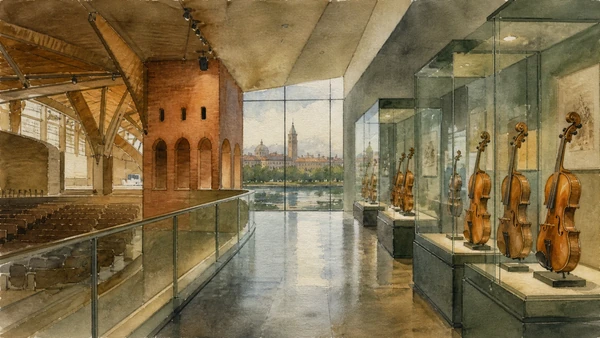 Original documentary watercolour of Museo del Violino: instruments, attribution and acoustics in Cremona and the Lower Po · Lombardy, showing accurate architecture, landscape, people and present-day use