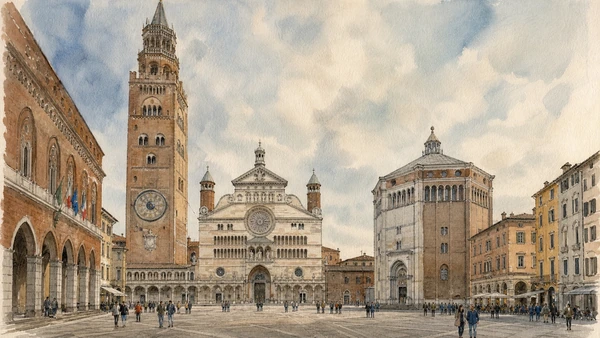 Original documentary watercolour of Piazza del Comune: cathedral and commune face to face in Cremona and the Lower Po · Lombardy, showing accurate architecture, landscape, people and present-day use