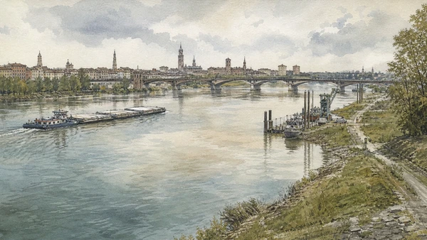 Original documentary watercolour of The Po at Cremona: port, bridges and changing water in Cremona and the Lower Po · Lombardy, showing accurate architecture, landscape, people and present-day use