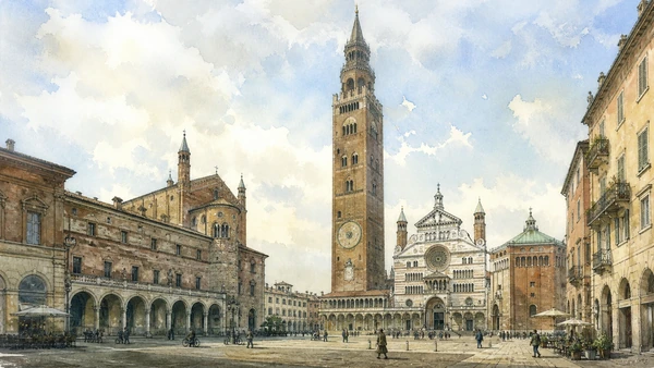 Original documentary watercolour of Torrazzo: civic-religious tower and astronomical time in Cremona and the Lower Po · Lombardy, showing accurate architecture, landscape, people and present-day use