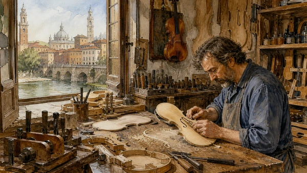 Original documentary watercolour of Violin-making workshops: living knowledge behind private doors in Cremona and the Lower Po · Lombardy, showing accurate architecture, landscape, people and present-day use