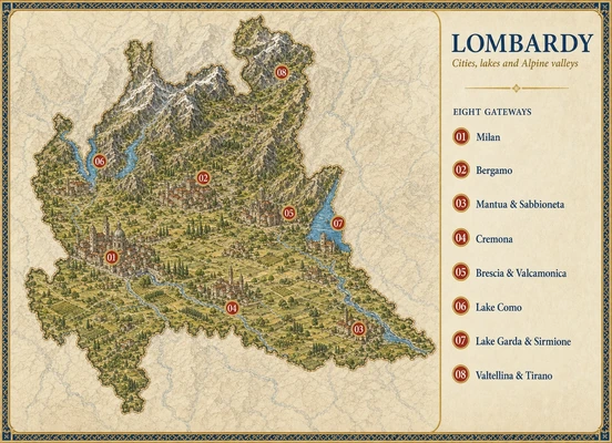 Illustrated map of Lombardy with eight numbered Merlintravel gateways