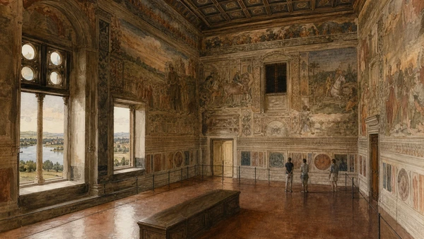 Original documentary watercolour of Camera degli Sposi: Mantegna's painted court in Mantua and Sabbioneta · Lombardy, showing accurate architecture, landscape, people and present-day use