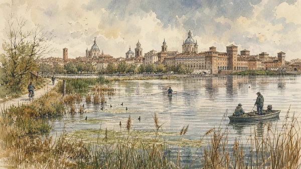 Original documentary watercolour of Mantua's lakes: engineered water around the city in Mantua and Sabbioneta · Lombardy, showing accurate architecture, landscape, people and present-day use