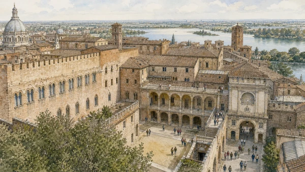 Original documentary watercolour of Palazzo Ducale: a city-sized court complex in Mantua and Sabbioneta · Lombardy, showing accurate architecture, landscape, people and present-day use