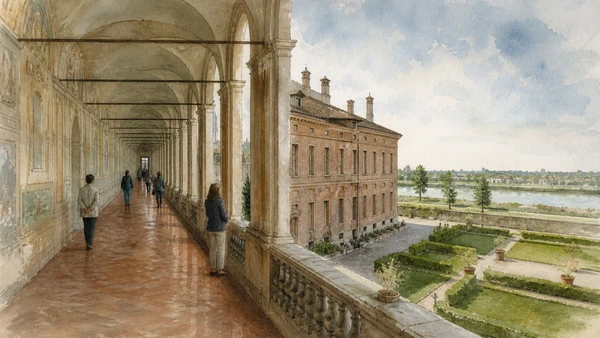 Original documentary watercolour of Palazzo del Giardino and the Gallery: retreat and collection display in Mantua and Sabbioneta · Lombardy, showing accurate architecture, landscape, people and present-day use