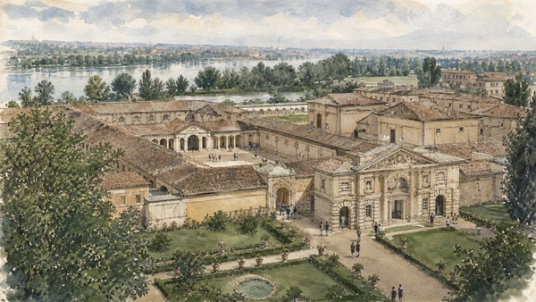 Original documentary watercolour of Palazzo Te: Giulio Romano's suburban court experiment in Mantua and Sabbioneta · Lombardy, showing accurate architecture, landscape, people and present-day use
