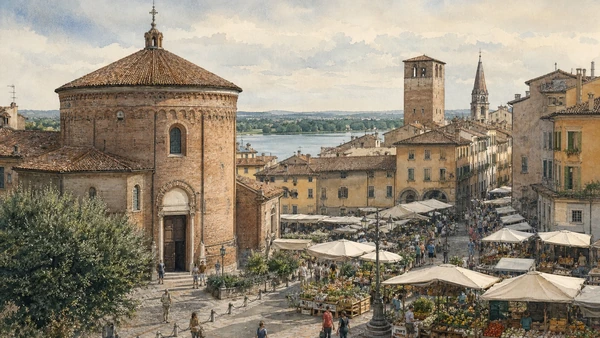 Original documentary watercolour of Rotonda di San Lorenzo and Piazza Erbe: medieval sacred core in Mantua and Sabbioneta · Lombardy, showing accurate architecture, landscape, people and present-day use