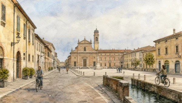 Original documentary watercolour of Sabbioneta's streets: ideal plan and ordinary adaptation in Mantua and Sabbioneta · Lombardy, showing accurate architecture, landscape, people and present-day use