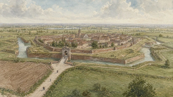 Original documentary watercolour of Sabbioneta walls: the planned capital's defensive frame in Mantua and Sabbioneta · Lombardy, showing accurate architecture, landscape, people and present-day use