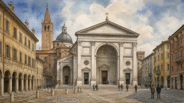 Original documentary watercolour of Sant'Andrea: Alberti's monumental church and pilgrimage in Mantua and Sabbioneta · Lombardy, showing accurate architecture, landscape, people and present-day use