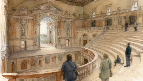 Original documentary watercolour of Teatro all'Antica: a purpose-built court theatre in Mantua and Sabbioneta · Lombardy, showing accurate architecture, landscape, people and present-day use