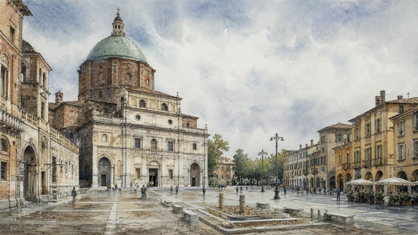Original documentary watercolour of Pavia Cathedral and the vanished Civic Tower in Pavia, Certosa and Oltrepò · Lombardy, showing accurate architecture, landscape, people and present-day use