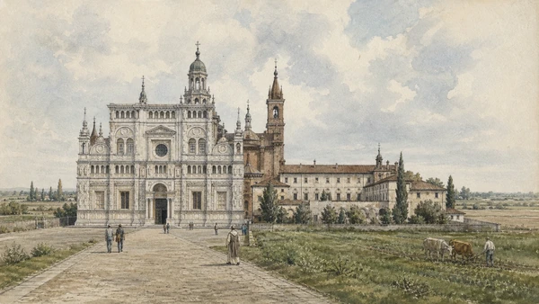 Original documentary watercolour of Certosa di Pavia: monastery, mausoleum and museum in Pavia, Certosa and Oltrepò · Lombardy, showing accurate architecture, landscape, people and present-day use