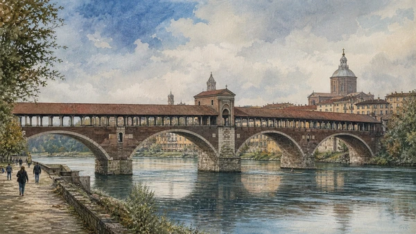 Original documentary watercolour of Ponte Coperto: reconstruction of a river emblem in Pavia, Certosa and Oltrepò · Lombardy, showing accurate architecture, landscape, people and present-day use