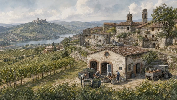Original documentary watercolour of Oltrepò Pavese: vines, castles and productive hills in Pavia, Certosa and Oltrepò · Lombardy, showing accurate architecture, landscape, people and present-day use