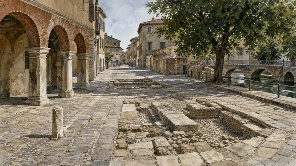 Original documentary watercolour of Roman Ticinum: the grid beneath modern Pavia in Pavia, Certosa and Oltrepò · Lombardy, showing accurate architecture, landscape, people and present-day use