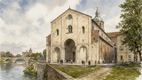 Original documentary watercolour of San Michele Maggiore: Romanesque basilica and royal ceremony in Pavia, Certosa and Oltrepò · Lombardy, showing accurate architecture, landscape, people and present-day use