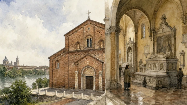 Original documentary watercolour of San Pietro in Ciel d'Oro: Augustine, Boethius and burial memory in Pavia, Certosa and Oltrepò · Lombardy, showing accurate architecture, landscape, people and present-day use