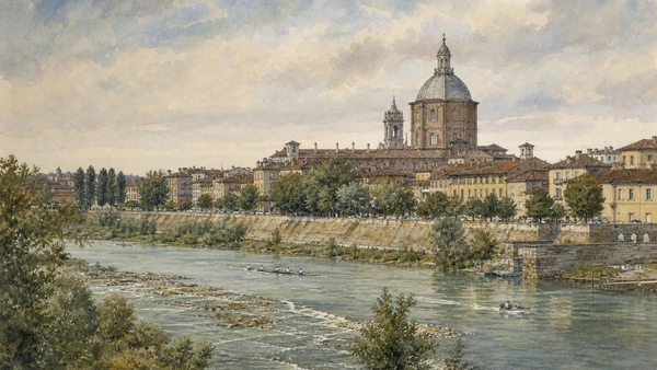 Original documentary watercolour of Ticino river and Borgo Ticino: city, floodplain and movement in Pavia, Certosa and Oltrepò · Lombardy, showing accurate architecture, landscape, people and present-day use