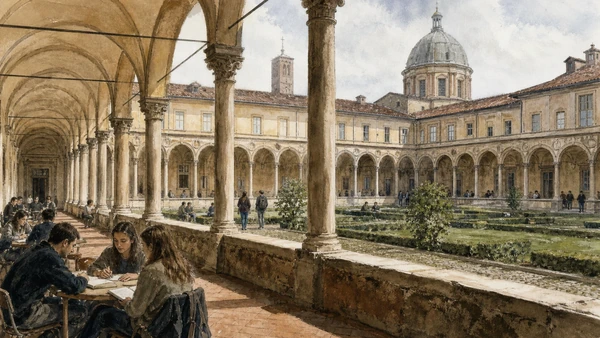 Original documentary watercolour of University of Pavia: courtyards, teaching and long institutional memory in Pavia, Certosa and Oltrepò · Lombardy, showing accurate architecture, landscape, people and present-day use