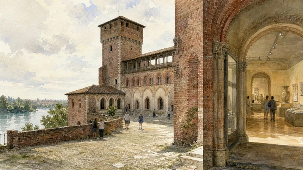 Original documentary watercolour of Visconti Castle and Civic Museums: court, archaeology and collection in Pavia, Certosa and Oltrepò · Lombardy, showing accurate architecture, landscape, people and present-day use