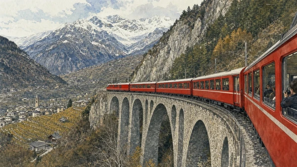 Original documentary watercolour of Bernina railway: engineering through Alpine landscape in Valtellina, Tirano and Stelvio · Lombardy, showing accurate architecture, landscape, people and present-day use