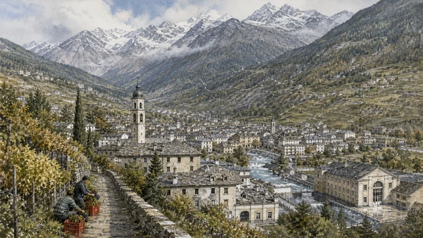 Original documentary watercolour of Bormio: thermal town, passes and Alpine community in Valtellina, Tirano and Stelvio · Lombardy, showing accurate architecture, landscape, people and present-day use