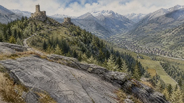 Original documentary watercolour of Grosio rock art and castles: long occupation on one ridge in Valtellina, Tirano and Stelvio · Lombardy, showing accurate architecture, landscape, people and present-day use