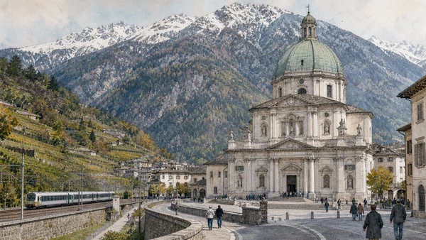 Original documentary watercolour of Sanctuary of Madonna di Tirano: pilgrimage at a transalpine junction in Valtellina, Tirano and Stelvio · Lombardy, showing accurate architecture, landscape, people and present-day use