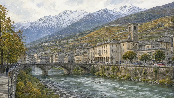 Original documentary watercolour of Sondrio: civic centre within the Adda corridor in Valtellina, Tirano and Stelvio · Lombardy, showing accurate architecture, landscape, people and present-day use