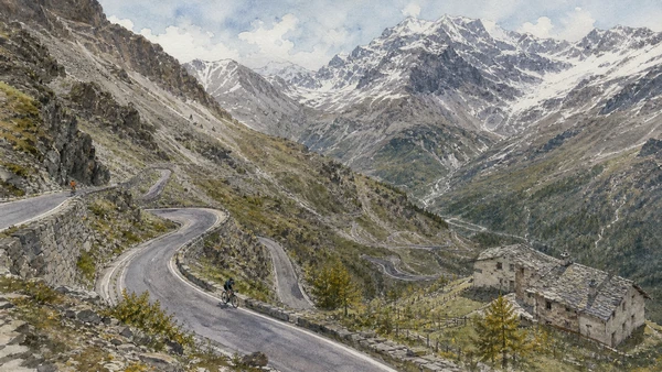 Original documentary watercolour of Stelvio National Park and pass: protected high landscape under change in Valtellina, Tirano and Stelvio · Lombardy, showing accurate architecture, landscape, people and present-day use