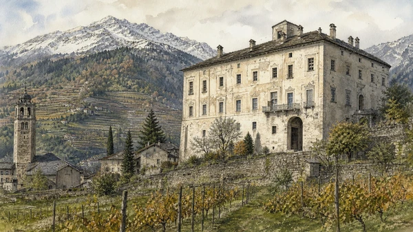 Original documentary watercolour of Teglio: palace, parish and agricultural plateau in Valtellina, Tirano and Stelvio · Lombardy, showing accurate architecture, landscape, people and present-day use