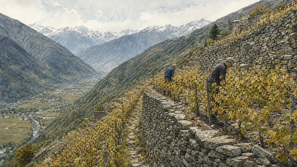 Original documentary watercolour of Dry-stone vineyard terraces: constructed mountain agriculture in Valtellina, Tirano and Stelvio · Lombardy, showing accurate architecture, landscape, people and present-day use