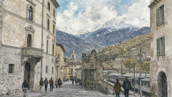 Original documentary watercolour of Tirano historic centre: walls, palaces and border-route memory in Valtellina, Tirano and Stelvio · Lombardy, showing accurate architecture, landscape, people and present-day use