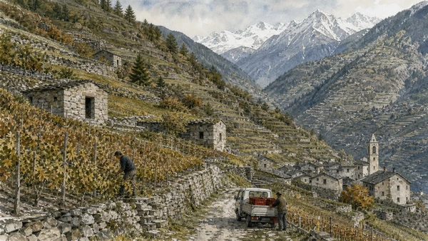Original documentary watercolour of Valtellina wine route: grapes, altitude and regulated origin in Valtellina, Tirano and Stelvio · Lombardy, showing accurate architecture, landscape, people and present-day use