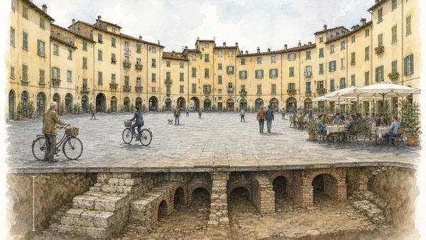 Original documentary watercolour of Piazza Anfiteatro above buried Roman masonry