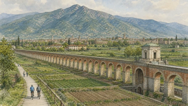 Original documentary watercolour of Nottolini Aqueduct crossing cultivated Lucca plain