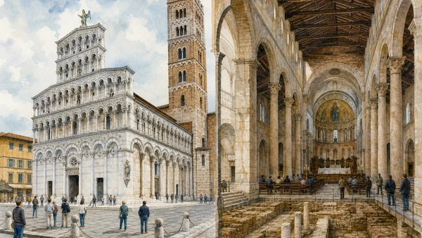 Original documentary watercolour of San Martino facade, nave and archaeological complex